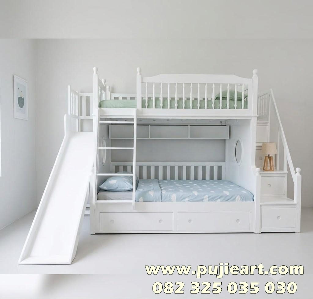 Bunk Bed Anak Putih Minimalis Plus Perosotan