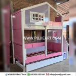 Ranjang Tingkat 3 Anak Kayu Solid Modern Bentuk Rumah
