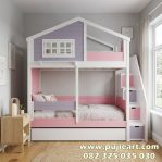 Ranjang Tingkat 3 Anak Kayu Solid Modern Bentuk Rumah