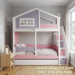 Ranjang Tingkat 3 Anak Kayu Solid Modern Bentuk Rumah