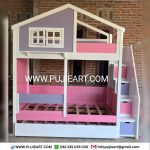 Ranjang Tingkat 3 Anak Kayu Solid Modern Bentuk Rumah