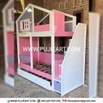 Ranjang Tingkat 3 Anak Kayu Solid Modern Bentuk Rumah