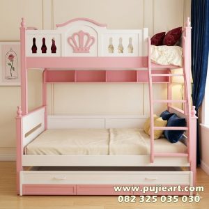 Tempat Tidur Tingkat Kayu Solid Kokoh Warna Pink