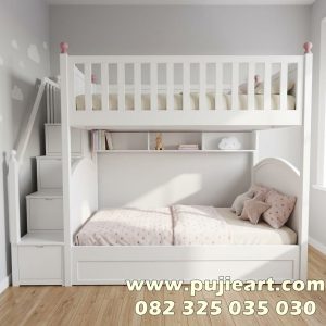 Tempat Tidur Tingkat Kokoh Kayu Solid Minimalis Putih