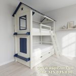 Bed Tingkat Anak Kayu Solid Bentuk Rumah