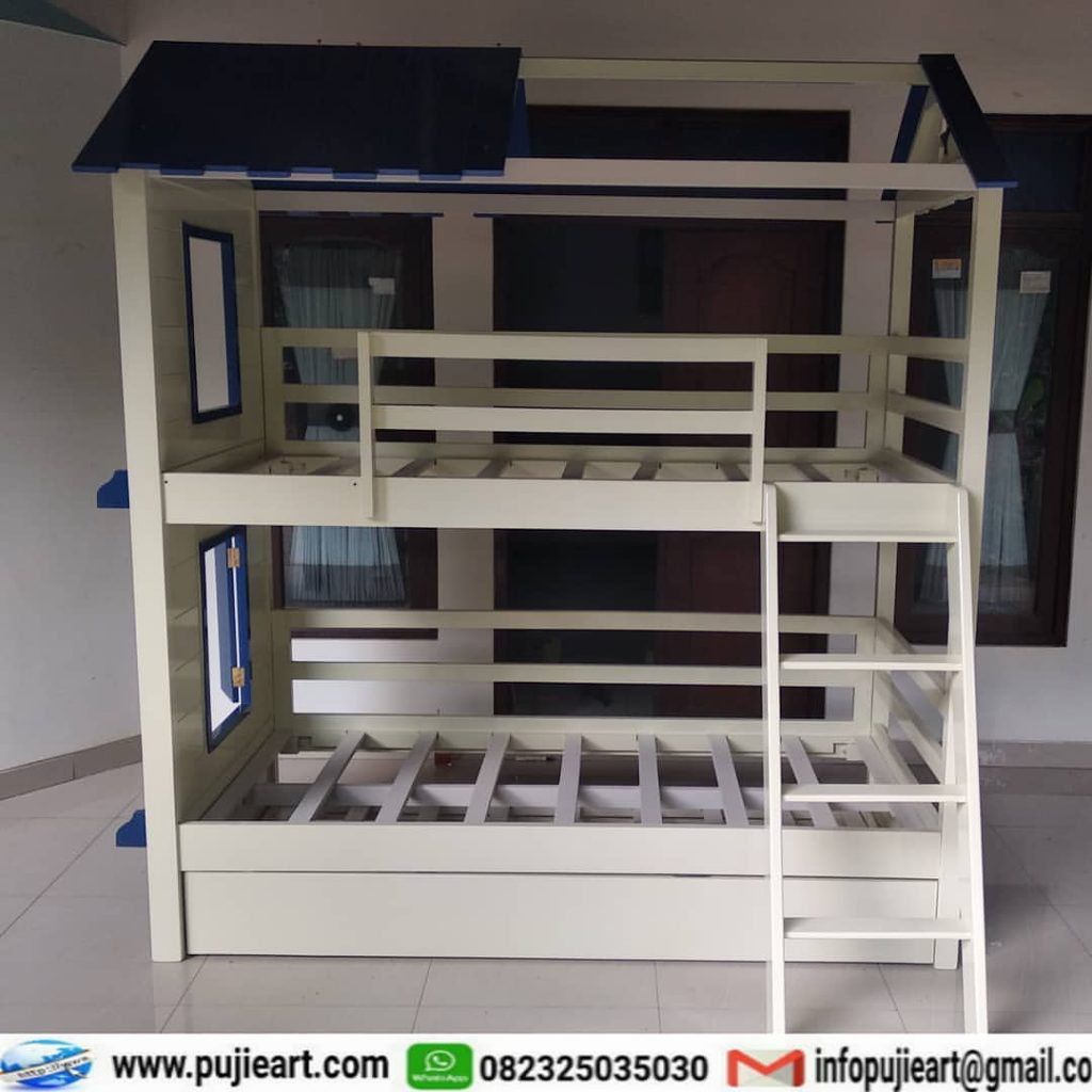Model Bed Tingkat Anak Kayu Solid Bentuk Rumah