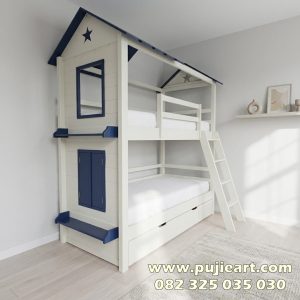 Bed Tingkat Anak Kayu Solid Bentuk Rumah