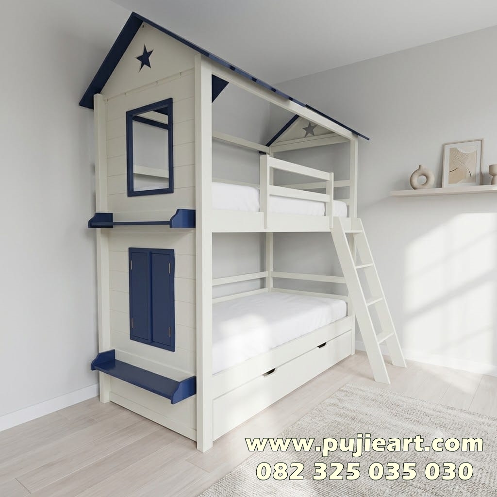 Bed Tingkat Anak Kayu Solid Bentuk Rumah
