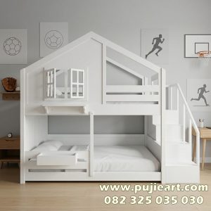 Ranjang 2 Tingkat Minimalis Kayu Solid Bentuk Rumah