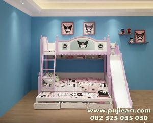 Tempat Tidur Tingkat 3 Anak Perempuan Karakter Kuromi Plus Perosotan