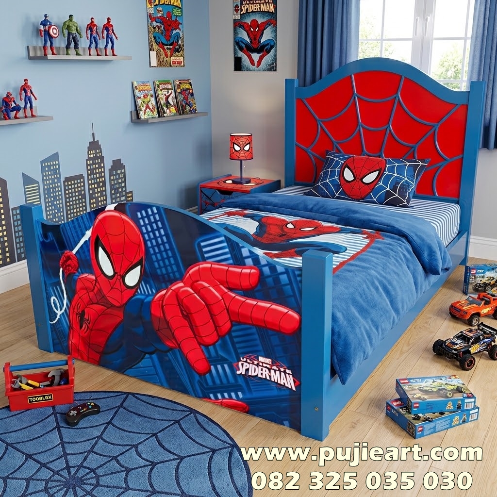 Tempat Tidur Anak Cowok Karakter Spider-Man Kayu Solid