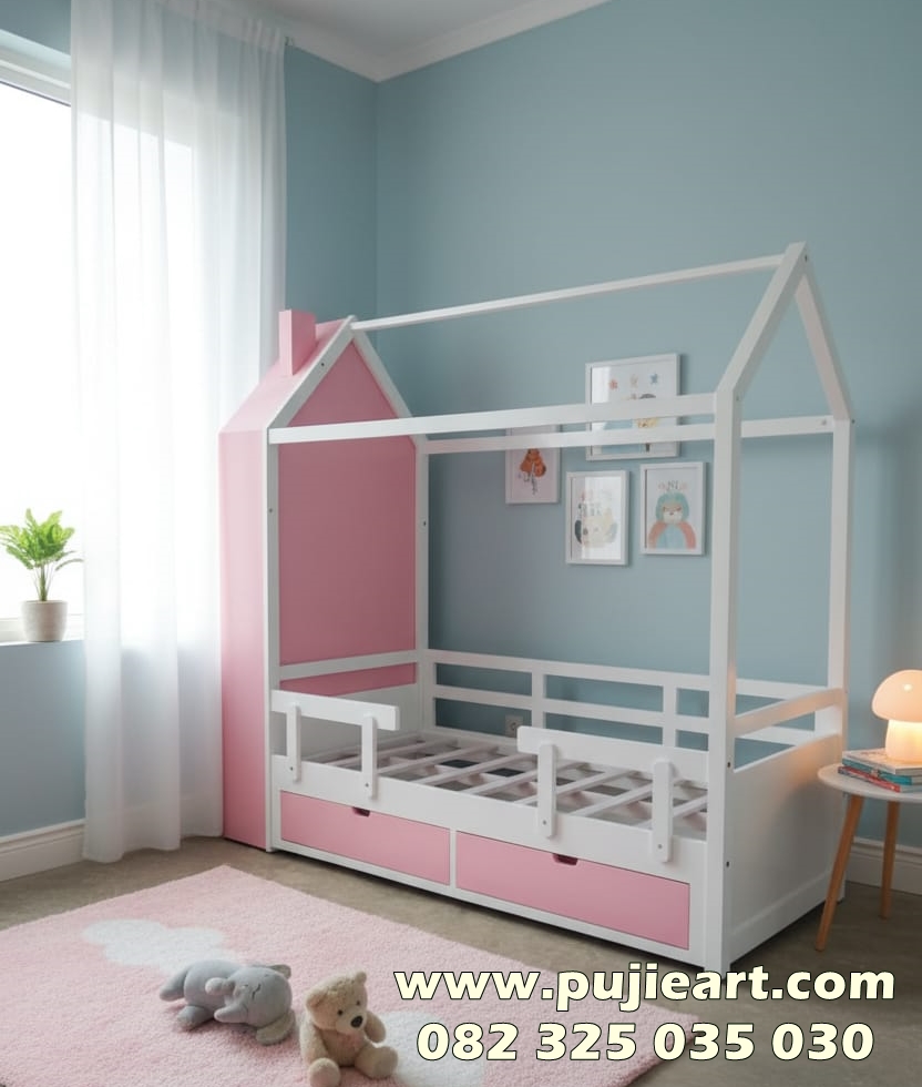Tempat Tidur Anak Perempuan Murah Bentuk Rumah Multifungsi Rak Buku
