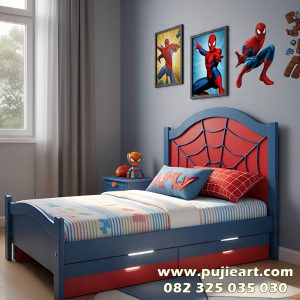 Tempat Tidur Anak Sorong Kayu Solid Karakter Spiderman