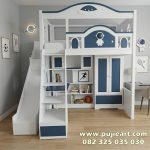 Tempat Tidur Tingkat Perosotan Bawah Meja Belajar + Almari Pakaian