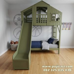 Tempat Tidur Tingkat Perosotan Kayu Solid